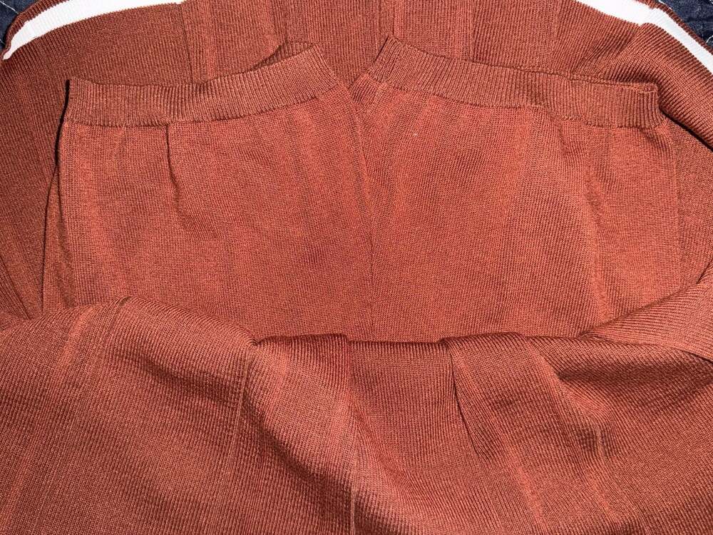 Daisy Two-Piece Knit Skirt Set Brown with White Contrast Trim and Gold Buttons - Picture 7 of 7